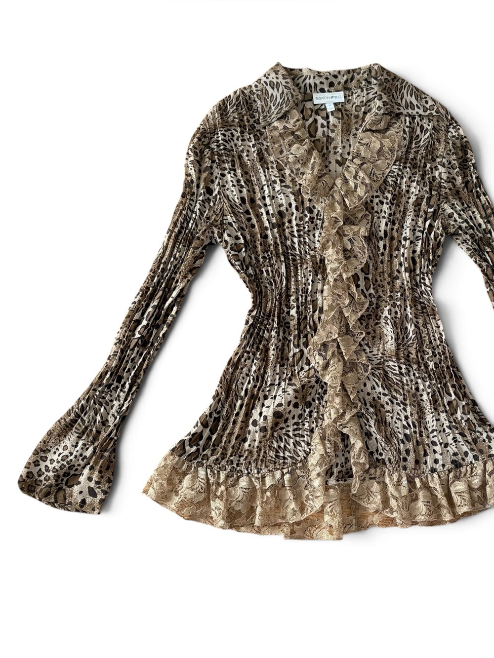 Y2K Fashion Bug Vintage Cheetah Print Lace Ruffle Trim Blouse Fall Long Sleeve